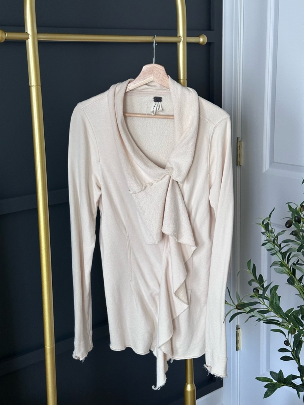 Free People Light Cream Ruffled Front Long Sleeve Sweater size S